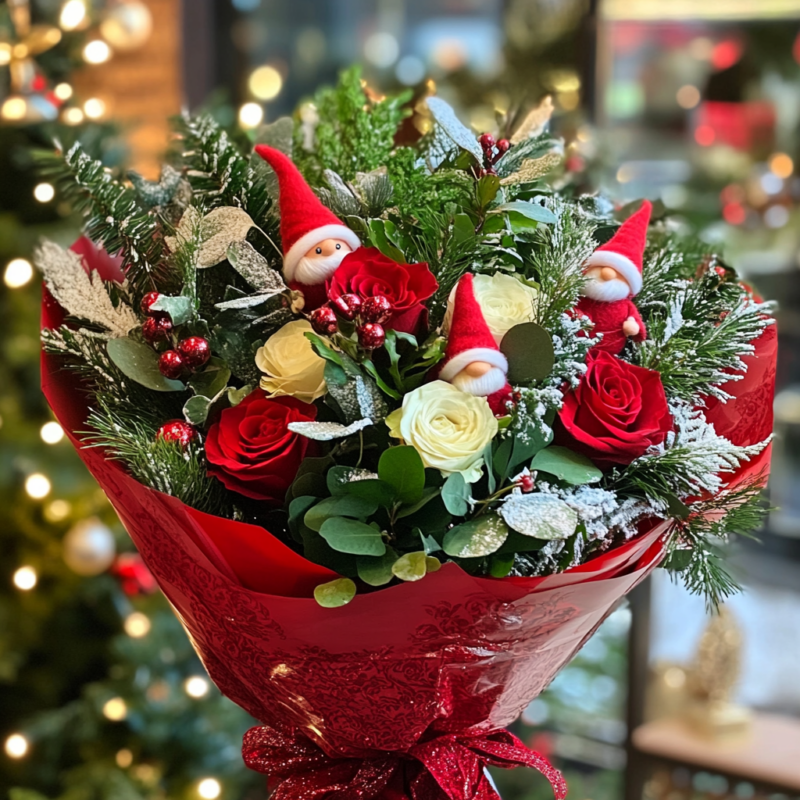 Christmas Greens Bouquet with Gnomes and Roses