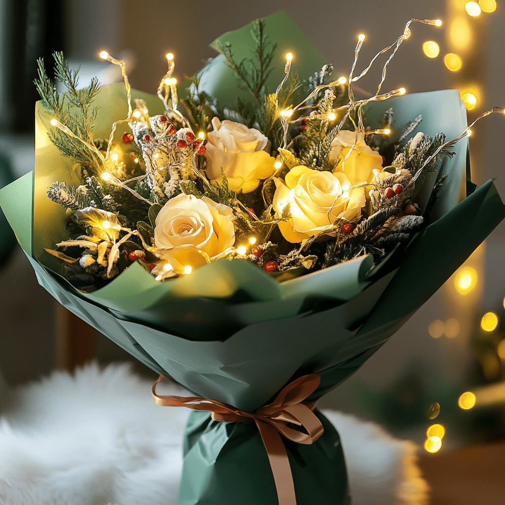 merrylen_a_Christmas_bouquet_wrapped_in_green_paper_with_led_st_db64617b-6e09-4d10-80b6-c1c9adaedf6e