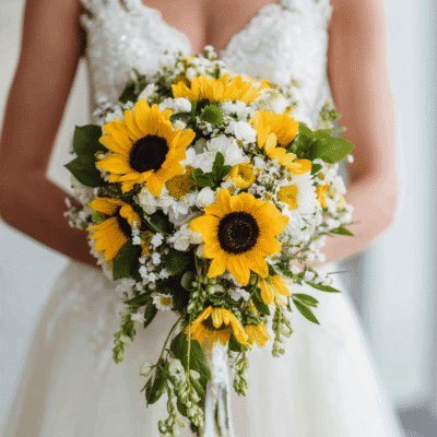 merrylen a bride holds small cascade bridal bouquet with sunflo 1eef3c1e 490b 4813 a560 79d91e456a8c