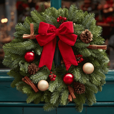 merrylen douglas fir christmas wreath with red bow and glossy r c50ee1d5 3a64 43ea 8688 273d4c430b73