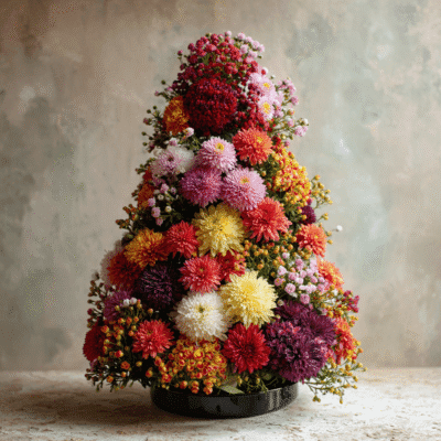 merrylen spray mums arrangement in shape of christmas tree v 366add36 1dd8 46d4 8d7f bebebf473f54