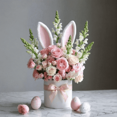 Pastel Easter flower arrangement in a white hat box with pink roses, white blooms, greenery, and decorative bunny ears