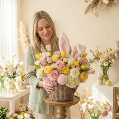 Easter floral arrangement in a woven basket with pastel pink, white, and yellow flowers, greenery, and decorative bunny ears.