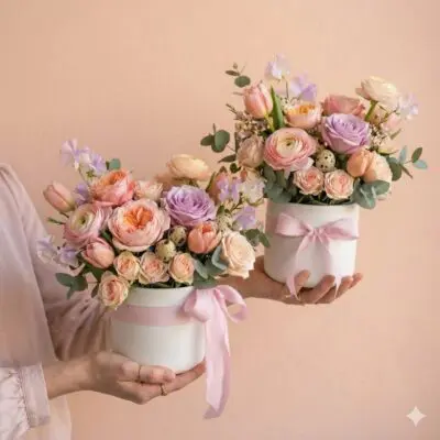 Pastel Easter floral arrangement in a white vase with pink ribbon, featuring blush, peach, cream, and lavender blooms with soft greenery and decorative speckled eggs.