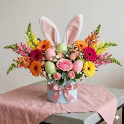 Bright Easter floral arrangement with pink, yellow, and orange flowers, decorative eggs, and bunny ears in a pastel hatbox with ribbon.