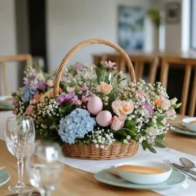 Easter basket floral arrangement with pastel flowers, soft greenery, and pink decorative eggs on a dining table.
