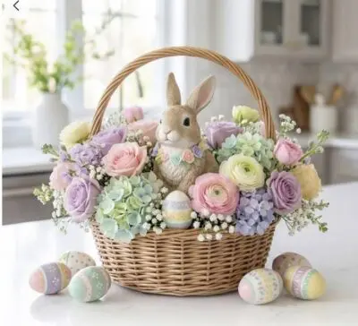 Pastel Easter basket floral arrangement with pink, lavender, and mint flowers, decorative eggs, and a bunny figurine in a woven basket.