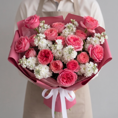 Pink rose bouquet with white accent flowers wrapped in rose-colored paper and white ribbon