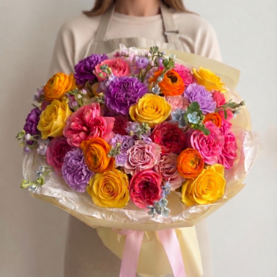 Bright mixed bouquet with yellow and pink roses, orange ranunculus, purple and pastel accent flowers wrapped in soft translucent paper