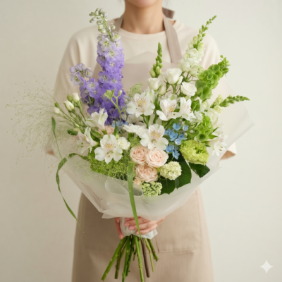 Airy bouquet with white flowers, green stems, soft lavender blooms, and blush roses in modern wrap