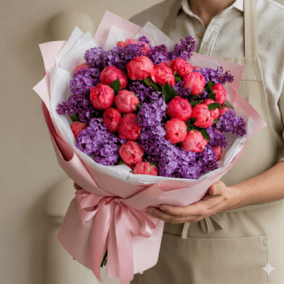 Mother’s Day bouquet with coral peonies and purple lilac wrapped in pink paper