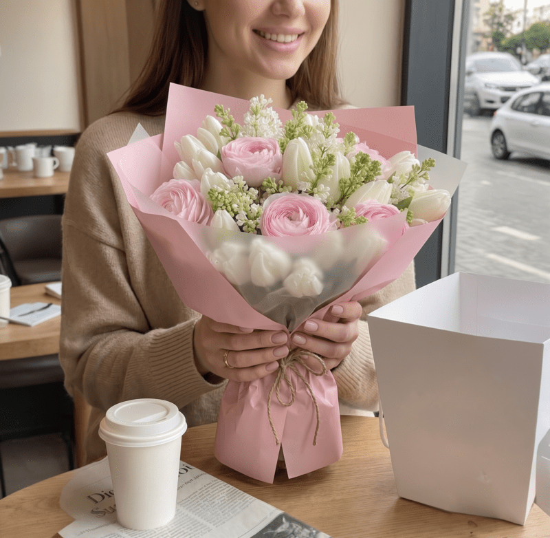 Blush Tulips with Syringa and Ranunculus
