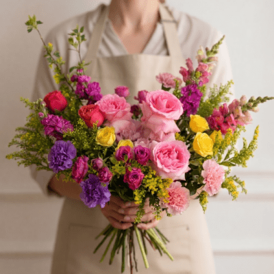 Mother’s Day bouquet with pink roses, yellow flowers, and purple accents in a vibrant garden-style arrangement