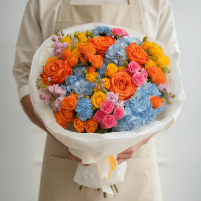 Bright bouquet with orange roses, blue hydrangea, pink and yellow flowers wrapped in white paper