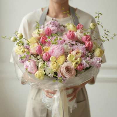 Mother’s Day pastel bouquet with pink, cream, and yellow flowers in a loose garden-style arrangement with greenery