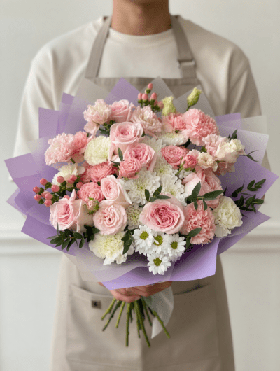 Mother’s Day bouquet with blush pink roses, white flowers, and lavender wrapping in a soft rounded arrangement
