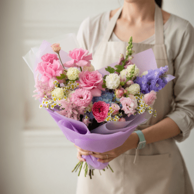 Soft pastel bouquet with pink roses, white blooms, lavender and blue flowers wrapped in light purple paper