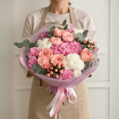Pink rose bouquet with blush flowers, white chrysanthemums, eucalyptus, and soft pink wrapping with ribbon detail