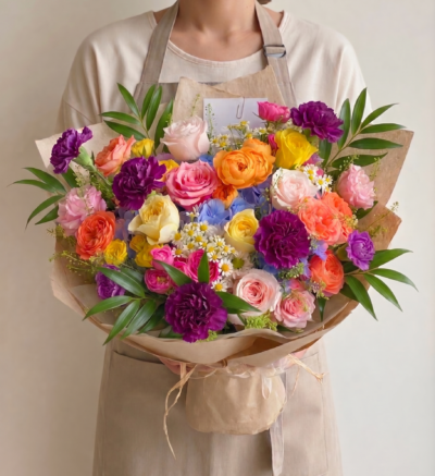 Luxury colourful bouquet with garden roses, plum carnations, pastel blooms, chamomile accents, and layered seasonal flowers wrapped in natural kraft paper