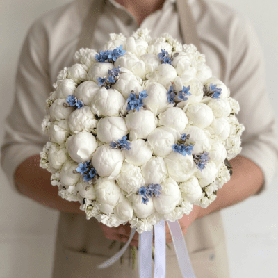 Round ivory bouquet with tightly layered white blooms and small blue accent flowers, finished with a ribbon