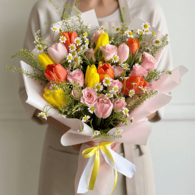 Bright bouquet with yellow and orange tulips, pink roses, and small white daisy flowers wrapped in soft pink paper