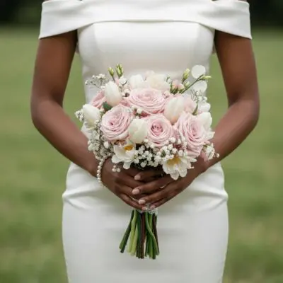 Pink wedding bouquet with blush roses, white tulips, baby's breath, and delicate white seasonal flowers in a hand-tied bridal arrangement.