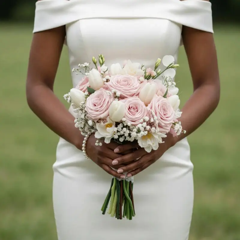 Pink Wedding Bouquet with Blush Roses and White Tulips