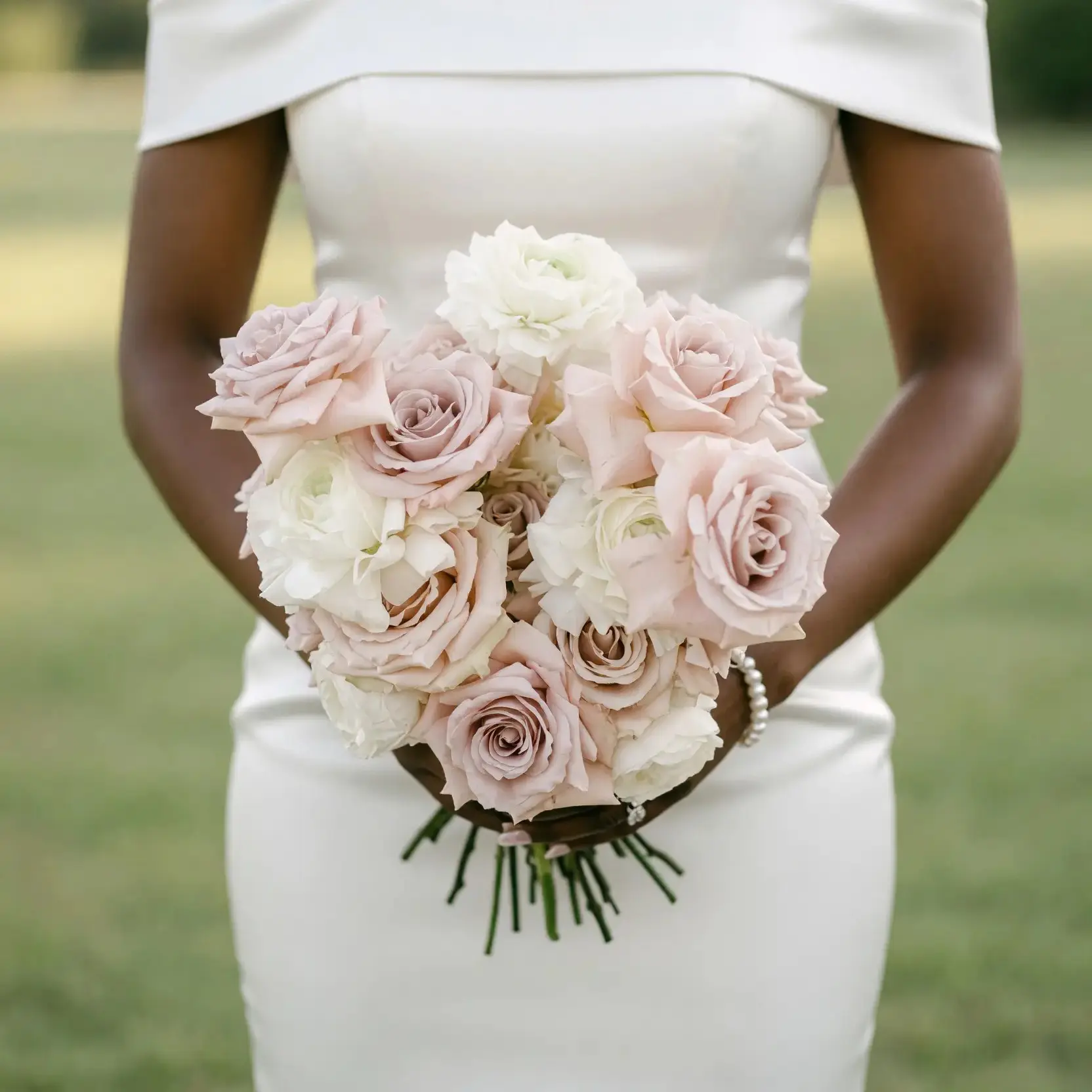 Pink Wedding Bouquet with Blush Roses and White Ranunculus