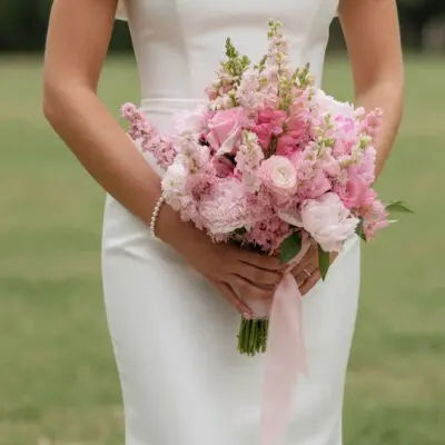 Pink wedding bouquet with peonies, roses, ranunculus, stock flowers and blush ribbon for elegant bridal ceremony