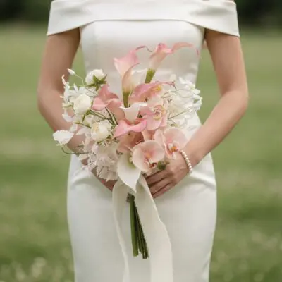 Pink wedding bouquet with blush orchids, pink calla lilies, white flowers and ivory ribbon for elegant bridal ceremony