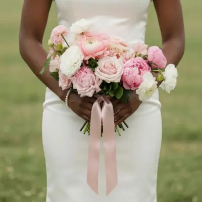 Pink wedding bouquet with blush peonies, garden roses, white dahlias, ranunculus and blush ribbon for elegant bridal wedding