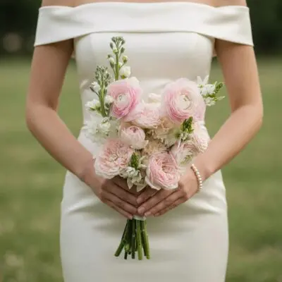 Pink wedding bouquet with blush ranunculus, garden roses, spray roses and white stock flowers for elegant bridal ceremony