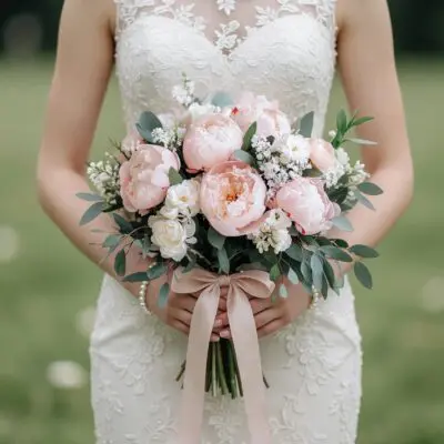 Pink wedding bouquet with blush peonies, white spray roses, eucalyptus greenery and satin ribbon for elegant bridal ceremony