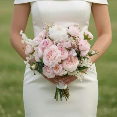Pink wedding bouquet with blush garden roses, peonies, white hydrangeas, astilbe and fresh greenery for elegant bridal ceremony
