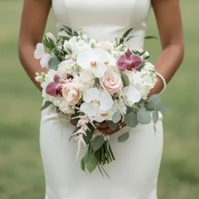 White wedding bouquet with white orchids, hydrangeas, blush roses, eucalyptus and astilbe for elegant bridal ceremony