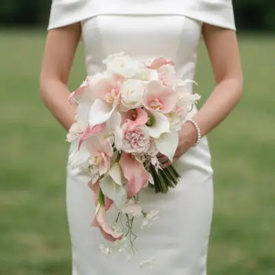 Pink wedding bouquet with blush orchids, white calla lilies, roses and cascading flowers for elegant bridal ceremony