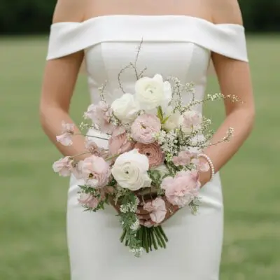 White wedding bouquet with white ranunculus, blush garden roses, sweet peas and delicate greenery for elegant bridal ceremony