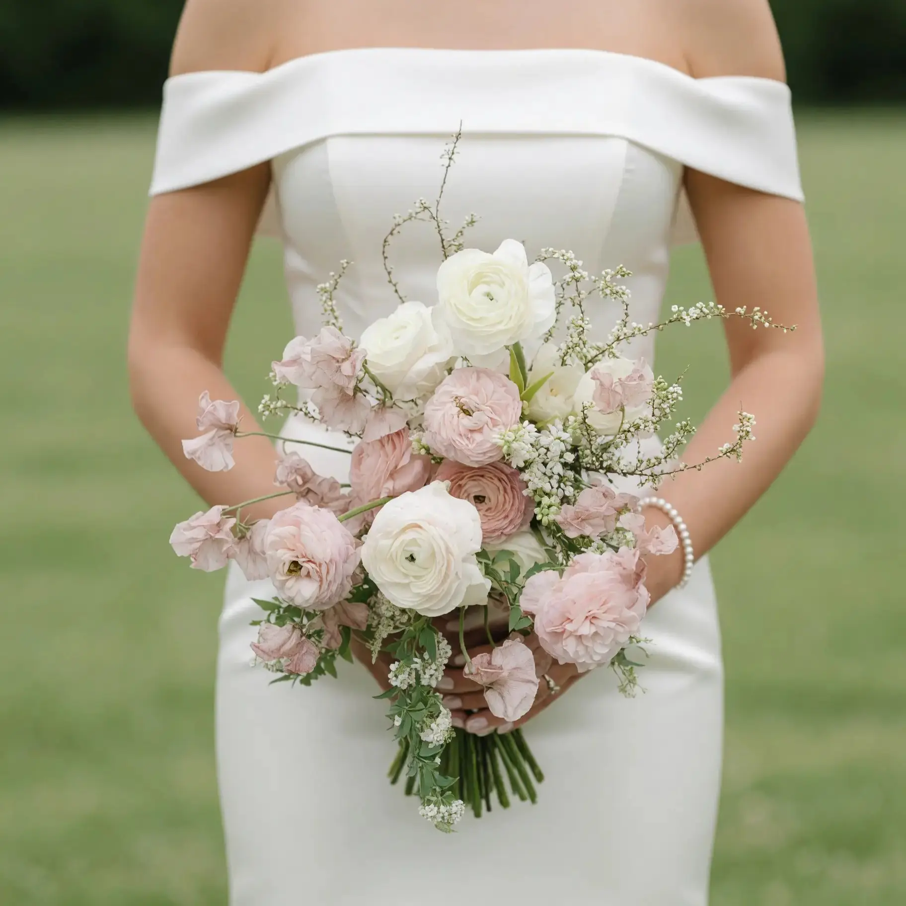 White wedding bouquet with white ranunculus, blush garden roses, sweet peas and delicate greenery for elegant bridal ceremony