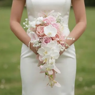 Pink wedding bouquet with blush roses, cascading white orchids, lily of the valley and soft pastel flowers for elegant bridal ceremony