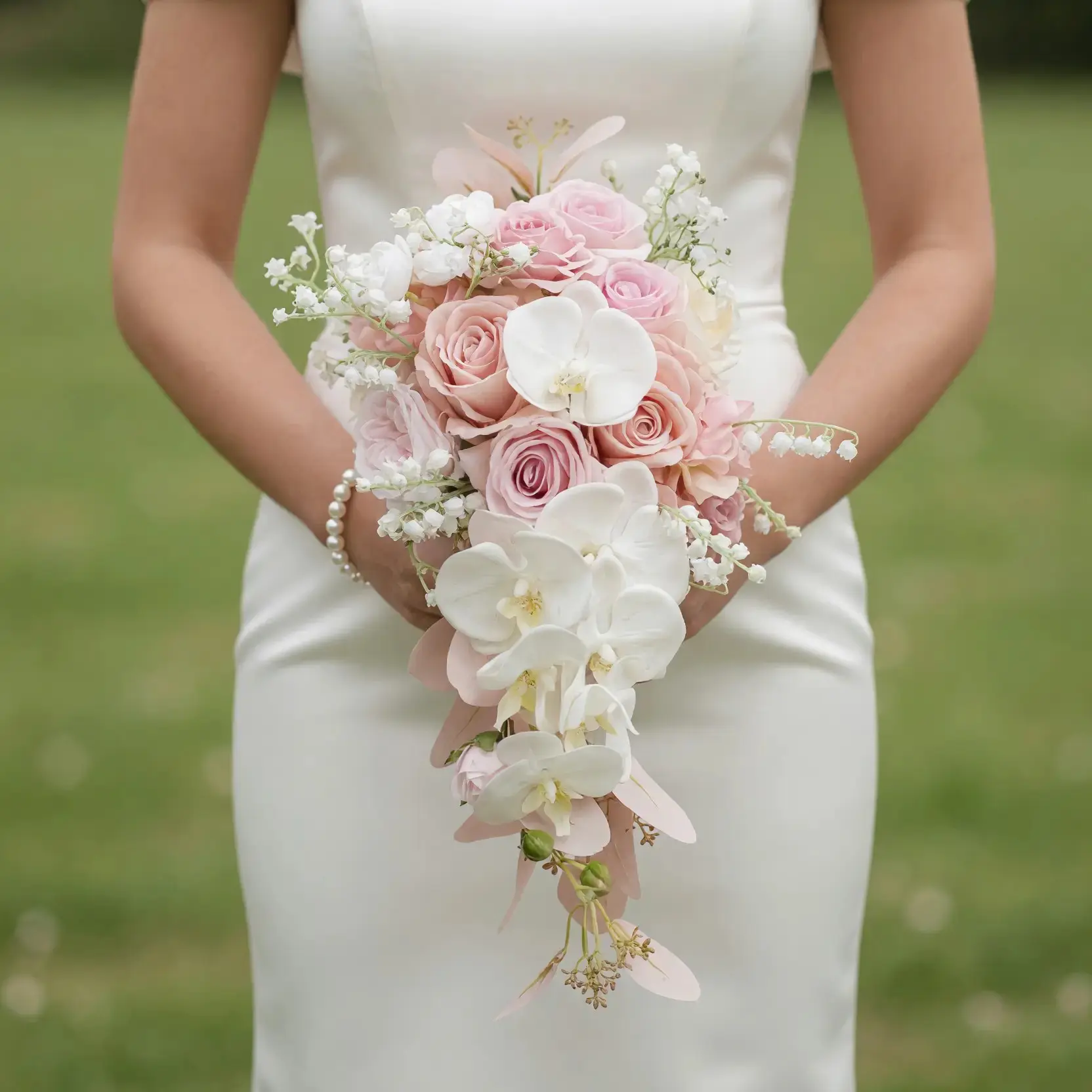 Pink wedding bouquet with blush roses, cascading white orchids, lily of the valley and soft pastel flowers for elegant bridal ceremony
