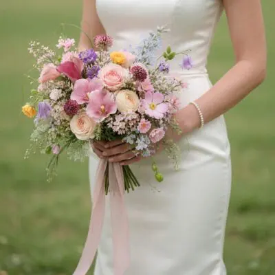 Pink wedding bouquet with blush roses, pink orchids, cosmos, delphinium and colorful wildflowers for boho bridal wedding