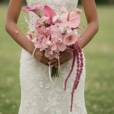 Pink wedding bouquet with blush orchids, pink anthuriums, calla lilies, carnations and cascading amaranthus for elegant bridal ceremony