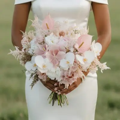 Pink wedding bouquet with white orchids, blush anthuriums, hydrangeas, carnations and astilbe for elegant bridal ceremony