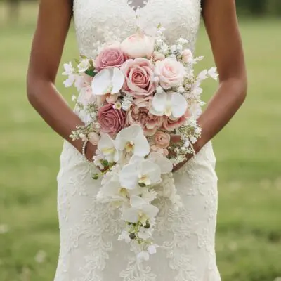 Pink wedding bouquet with blush roses, white cascading orchids, peonies and seasonal flowers for elegant bridal ceremony