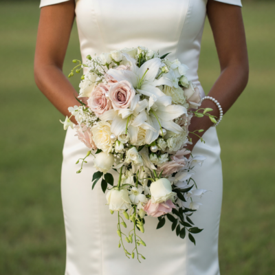 Beach Wedding Bouquets arrangement featuring white lilies, ivory and blush roses, delicate orchids, pearl accents, and cascading greenery