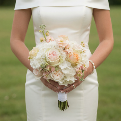 Beach Wedding Bouquets arrangement featuring white hydrangeas, champagne and blush roses, pale pink blossoms, green buds, and a white ribbon wrap