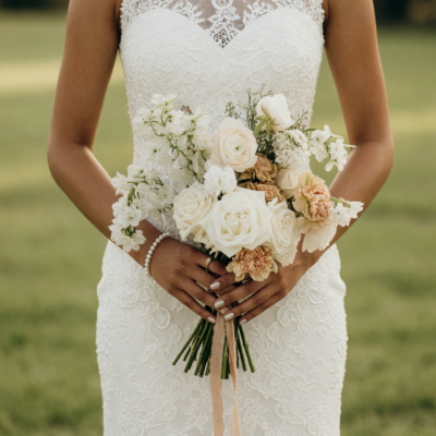 Beach Wedding Bouquets arrangement featuring ivory roses, white ranunculus, champagne carnations, cascading orchids, and beige ribbons