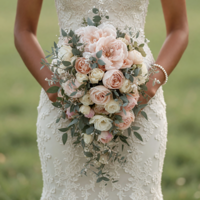 Beach Wedding Bouquets arrangement featuring blush peonies, garden roses, ivory spray roses, tiny white flowers, and cascading eucalyptus