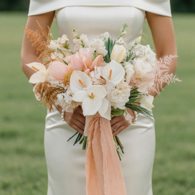 Beach Wedding Bouquets arrangement featuring white anthuriums, blush tulips, ivory hydrangeas, dried ferns, tropical leaves, and peach ribbons
