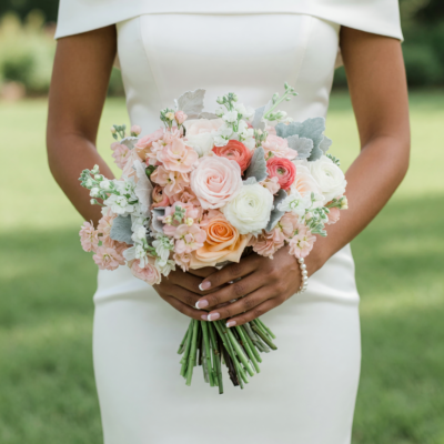Beach Wedding Bouquets arrangement featuring coral and ivory ranunculus, blush roses, pink flower clusters, white blossoms, and silver foliage